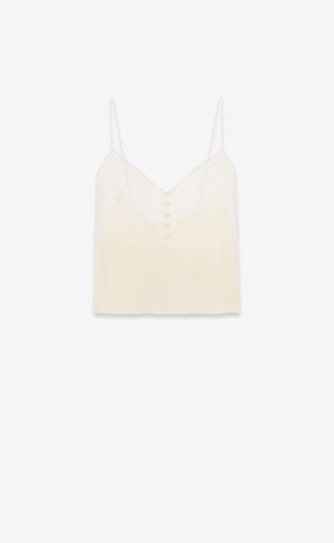 YSL Top In Silk Satin Charmeuse And Lace Chalk | TQZVU9734