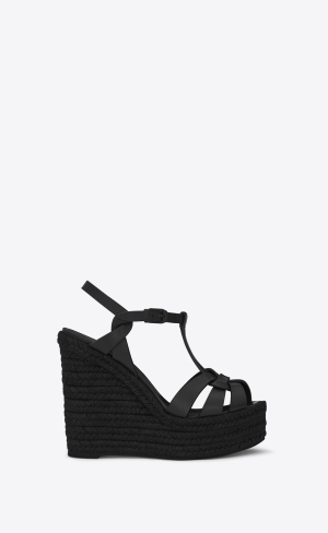 YSL Tribute Espadrilles Wedge In Smooth Leather Black | KEIRG3780