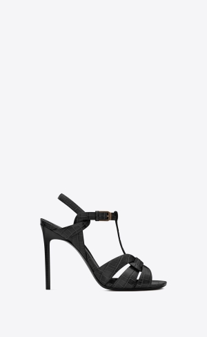 YSL Tribute Sandals In Crocodile-embossed Shiny Leather Black | QRTJF8016