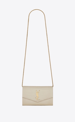 YSL Uptown Chain Wallet In Crocodile-embossed Shiny Leather Blanc Vintage | QRHCW6781