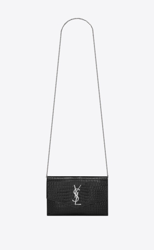 YSL Uptown Chain Wallet In Crocodile-embossed Shiny Leather Black | VEAIS6350