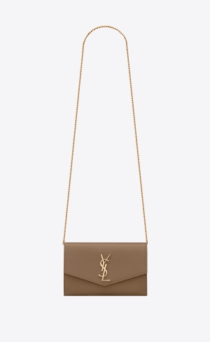 YSL Uptown Chain Wallet In Grain De Poudre Embossed Leather Taupe | GEUDY8741