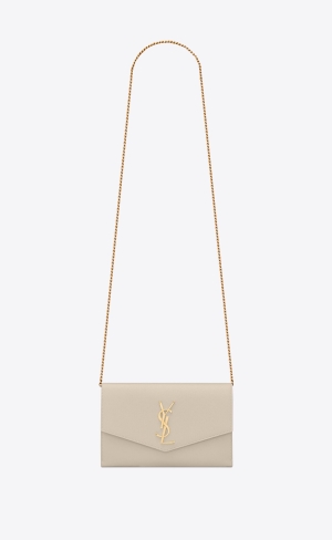 YSL Uptown Chain Wallet In Grain De Poudre Embossed Leather Blanc Vintage | POHSG1294