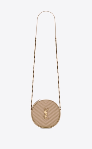 YSL Vinyle Round Camera Bag In Chevron-quilted Grain De Poudre Embossed Leather Dark Beige | IPJEZ1632