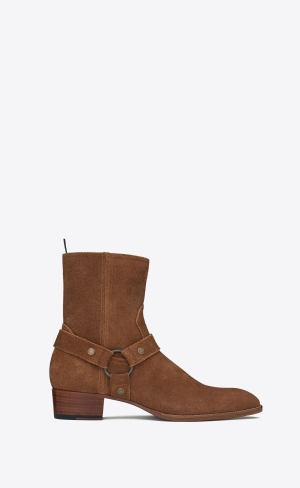 YSL Wyatt Harness Boots In Suede Nut | ZNFRP0635