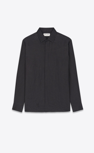 YSL Yves Collar Classic Shirt In Checked Viscose Noir Or | ARPUM8015