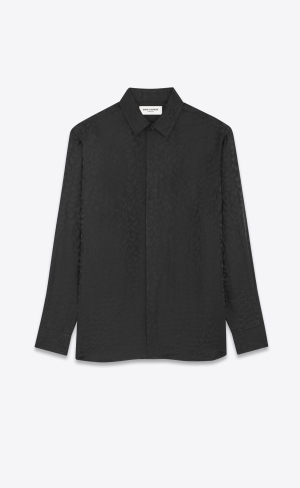 YSL Yves Collar Classic Shirt In Matte And Shiny Silk Noir | JHCLF7160