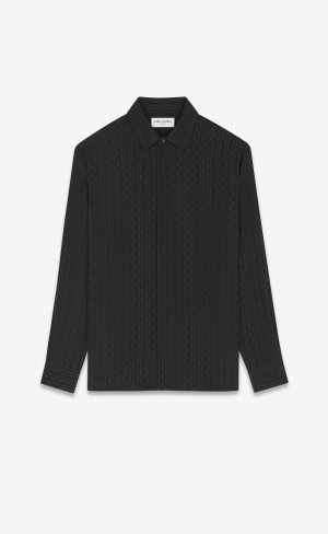 YSL Yves Collar Classic Shirt In Striped Matte And Shiny Silk Noir | TZKYO4092